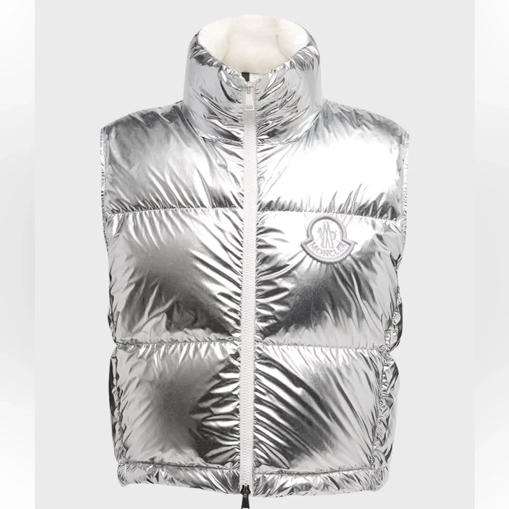 MONCLER NWT Blavet Silver Down Quilted Puffer Vest 3 L Metallic - Picture 9 of 16